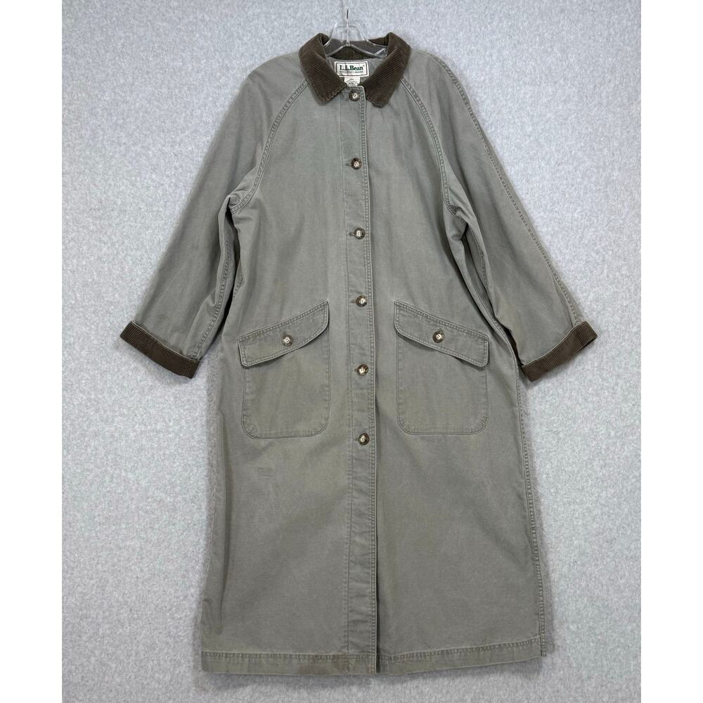Vtg LL Bean Long Canvas Coat Size L Barn Chore Duster Corduroy Collar Green USA